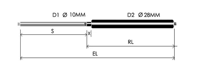 1028-GTD part # 677, Threaded ends M8x1.25 — assembled spring drawing